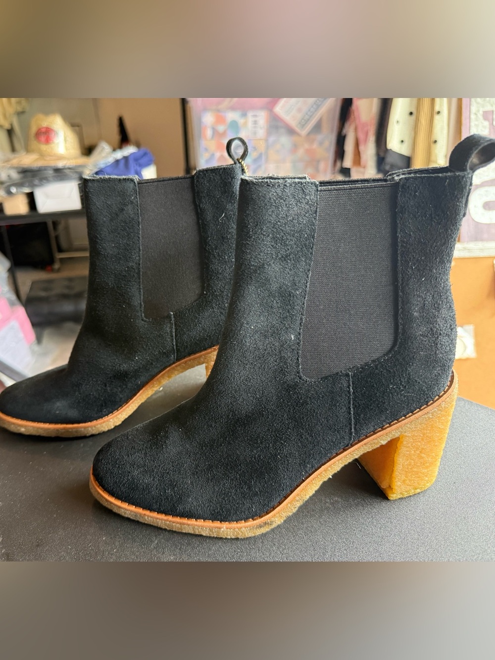 New Lauren Ralph Lauren Black Suede Chelsea Boots with Tan Block Heel